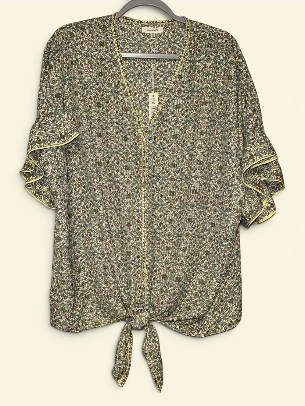 Max Studio Yellow-Trim Floral Tie-Front Button-Up Blouse size 1X NWT